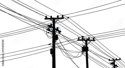 Silhouette vector illustration of multiple electricity power poles with intersecting cable wires, urban energy infrastructure, electrical distribution network, and industrial connection design concept