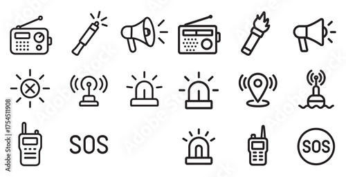 Emergency and alert icons set – outline, linear, safety and communication symbols