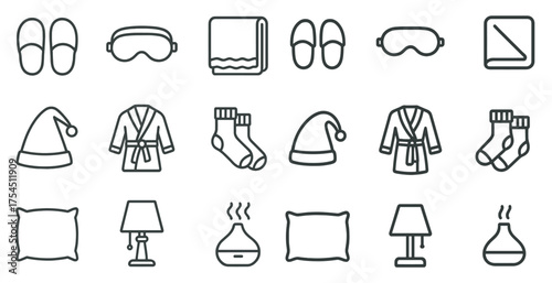 Relaxation and comfort outline icons set – line, linear, wellness and spa symbols