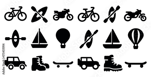 Outdoor adventure silhouette icons set – bike, kayak, camping and exploration symbols