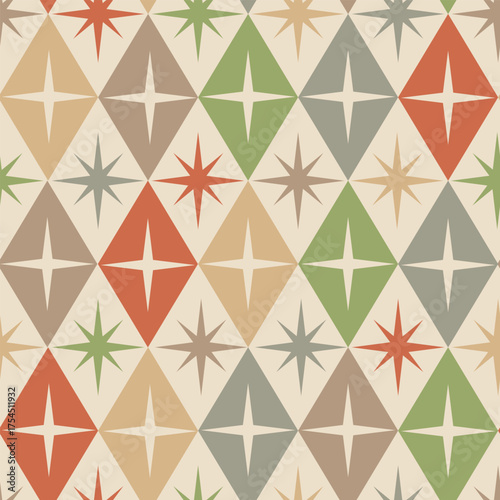 Mid century modern atomic starburst on harlequin diamond shapes seamless pattern in sage green, terracotta, tan, gray and taupe on beige background. For home décor, textile and fabric
