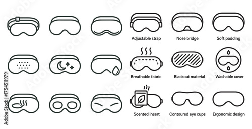 Sleep mask features outline icons set – line, linear, comfort and relaxation symbols