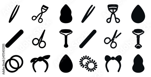 Beauty and grooming solid icons set – filled, cosmetic, personal care symbols