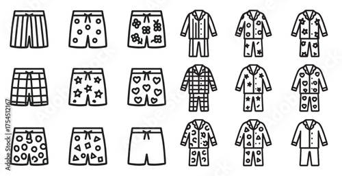Clothing and sleepwear outline icons set – linear, fashion, nightwear symbols