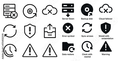 Data recovery outline icons set – backup, cloud, server maintenance symbols
