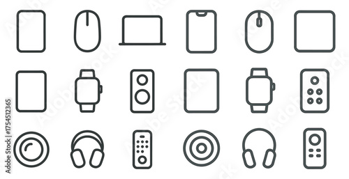 Electronic devices outline icons set – clean, minimal, tech gadget symbols