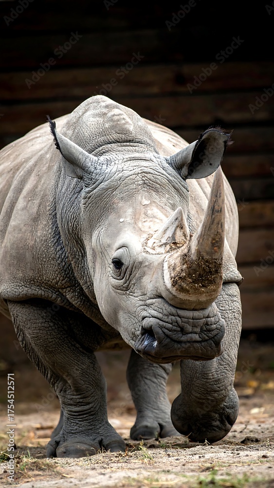 Fototapeta premium A grey rhino stands looking forward, with its large horn prominent