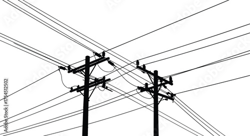 Silhouette vector illustration of two electric power poles with crossing wires, communication lines and connectors, urban electricity infrastructure in minimal black and white design