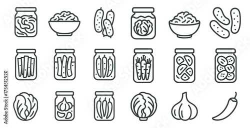 Pickled food line icons set – outline, preserved, jar and fermented vegetable symbols