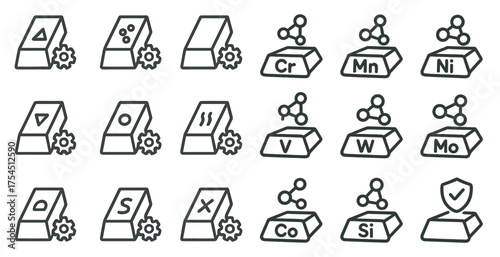 Elements and chemistry outline icons set – linear, scientific, periodic symbols