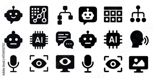 Artificial intelligence solid icons set – tech, chatbot, neural network symbols