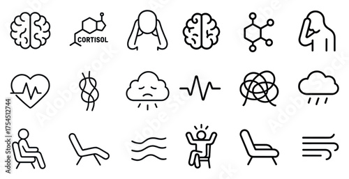 Mental health outline icons set – anxiety, stress, wellness symbols