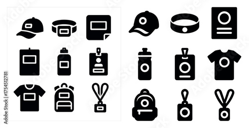 Event and conference solid icons set – badge, cap, lanyard and id symbols
