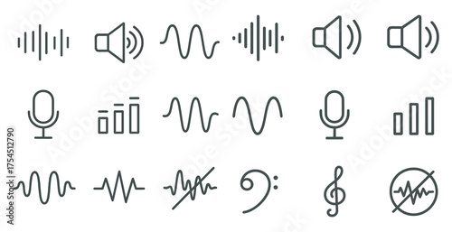 Audio and music line icons set – thin, outline, sound and recording tools