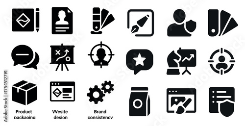 Business and marketing solid icons set – filled, branding and strategy symbols