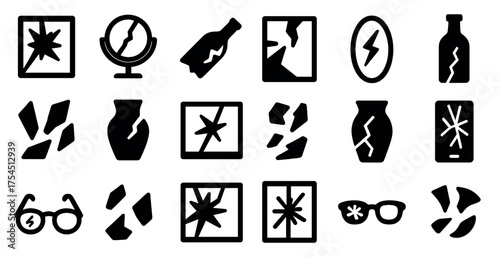 Broken objects silhouette icons set – solid, cracked, shattered symbols