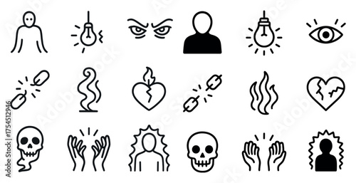 Mystery and emotion icons set – outline, silhouette, symbolic expressions