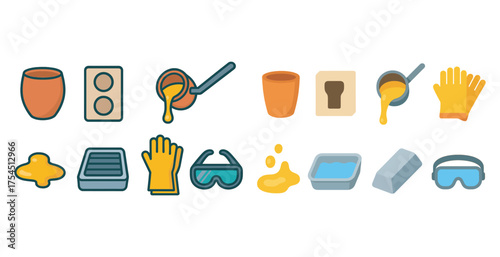Metalworking and foundry icons set – flat, solid, smelting and casting symbols