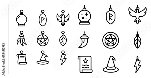 Mystical magic outline icons set – symbols, witchcraft, enchanted elements
