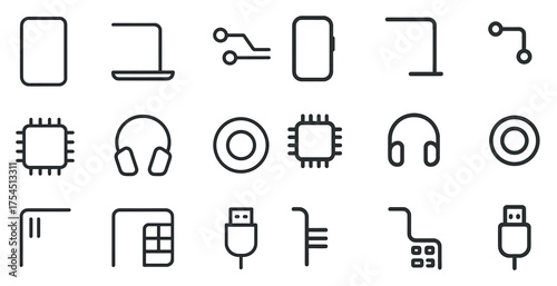 Technology and electronics outline icons set – line, linear, gadget symbols