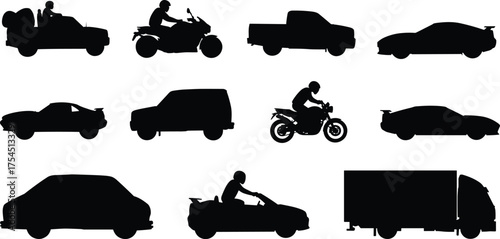 Silhouette vector set of cars motorcycles trucks and vans, transportation icons with drivers, automotive graphic elements for delivery travel traffic and logistics illustration
