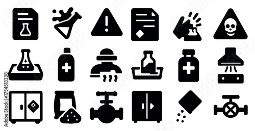 Chemical safety solid icons set – hazard, alert, warning symbols