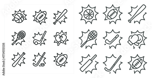 Sports and recreation outline icons set – silhouette, linear, fitness and activity symbols