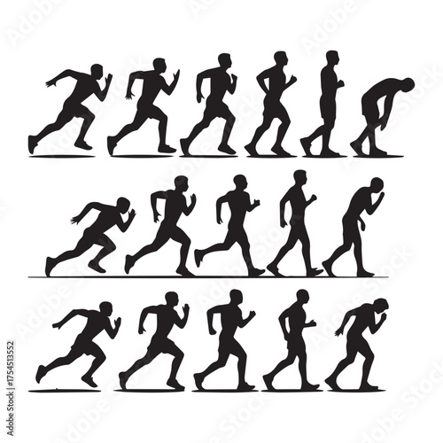 Running Motion Sequence Silhouettes, Athlete Character Animation Sprite Sheet of Male Runner Jogging and Sprinting on White Background
