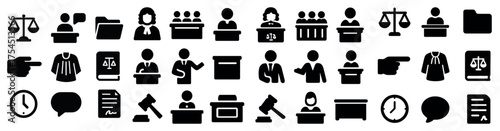 Legal and justice solid icons set – filled, silhouette, court and law symbols
