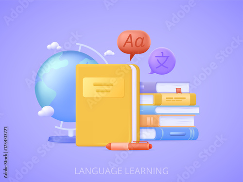 Stack of books and dictionaries and large book lying on top with A letter and hieroglyph symbolizing translation, foreign language learning and self improving. 3d style vector illustration