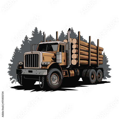 Heavy Duty Logging Truck Illustration, Semi Trailer Carrying Wood Logs in Forest, Industrial Timber Transport Vector Graphic