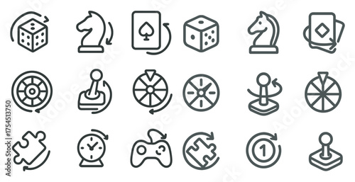 Board game and puzzle outline icons set – linear, gaming pieces, strategy symbols
