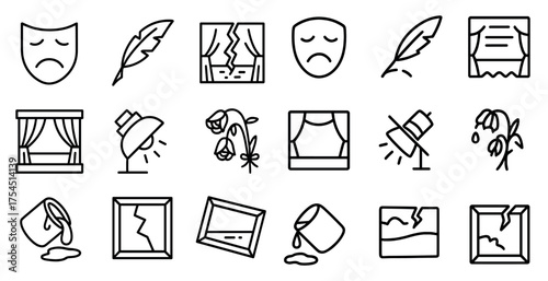Theater and drama icons set – outline, linear, performance and acting symbols