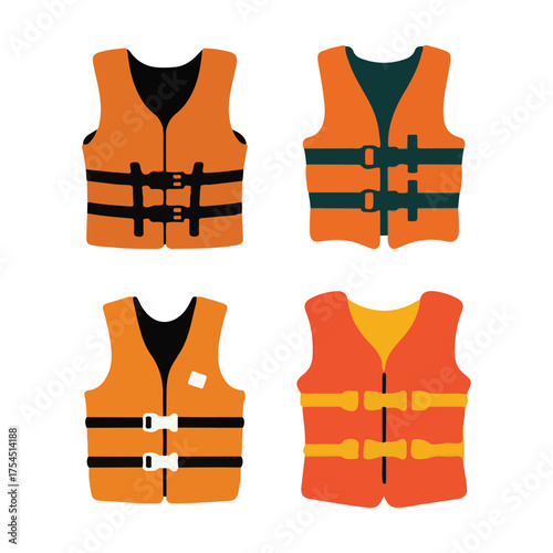 Set of orange life jackets and safety vests icons, vector illustration