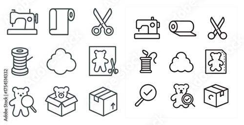 Sewing and crafts outline icons set – linear, needlework, creative tools symbols