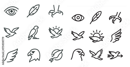 Bird watching linear icons set – outline, winged creatures, avian symbols