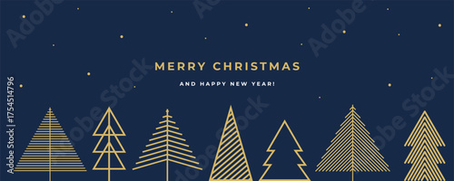 Merry Christmas and Happy New Year Luxury greeting banner in modern minimal geometric style with gold Christmas trees. Trendy Xmas holiday background, poster, greeting card