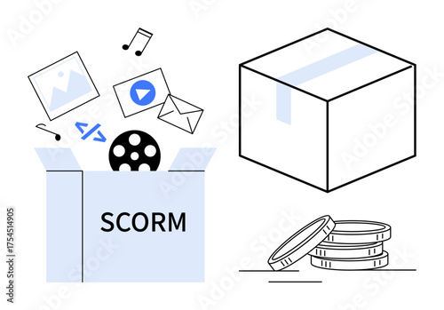 Open box labeled SCORM releasing multimedia icons thumbs up image, video, code. Nearby closed box and coins. Ideal for e-learning, content management, multimedia, storage, monetization packaging