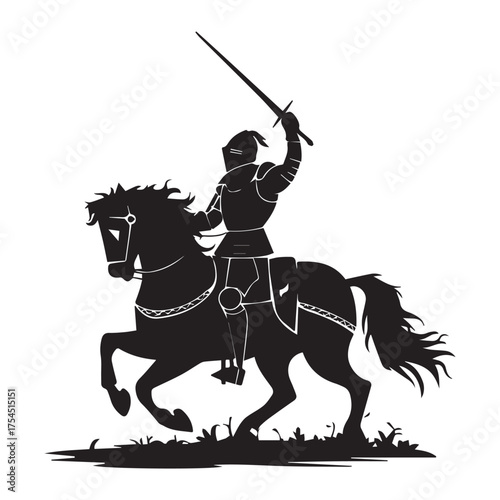 Medieval Knight in Full Armor Riding a Galloping Horse with a Lance