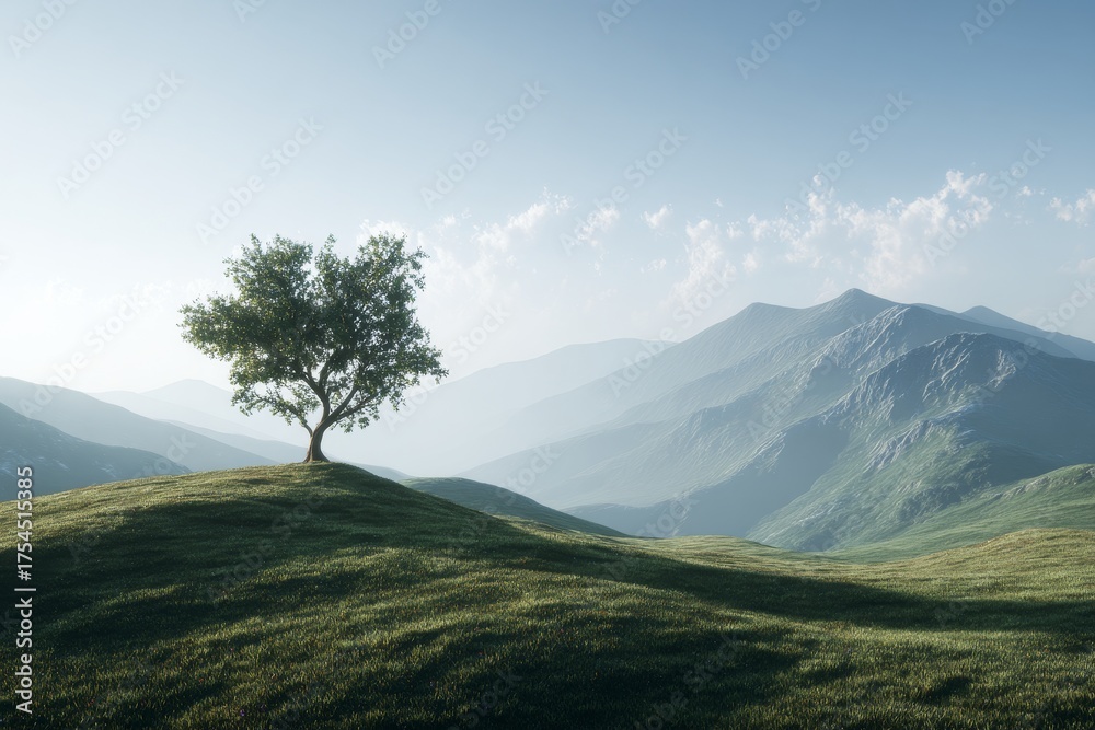 Fototapeta premium A solitary tree stands sentinel on a grassy hilltop, overlooking a misty mountain range bathed in morning light.