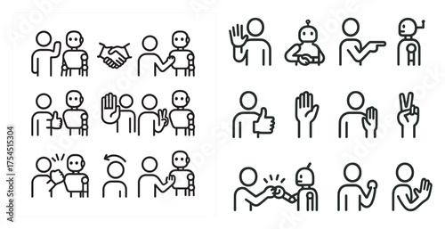 Robot and human interaction outline icons set – linear, tech, futuristic symbols