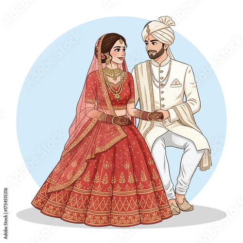 Indian bride and groom in traditional red wedding attire illustration