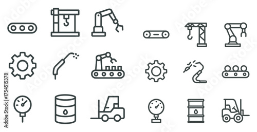 Industrial and manufacturing icons set – outline, linear, factory and production symbols