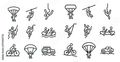 Adventure sports outline icons set – outdoor, recreation, extreme activities