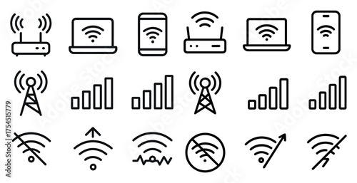 Wireless networks outline icons set – connectivity, communication, signal symbols