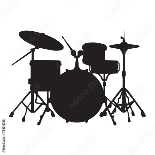 Black Silhouette of a Professional Drum Kit with Cymbals and Bass Drum isolated on White Background