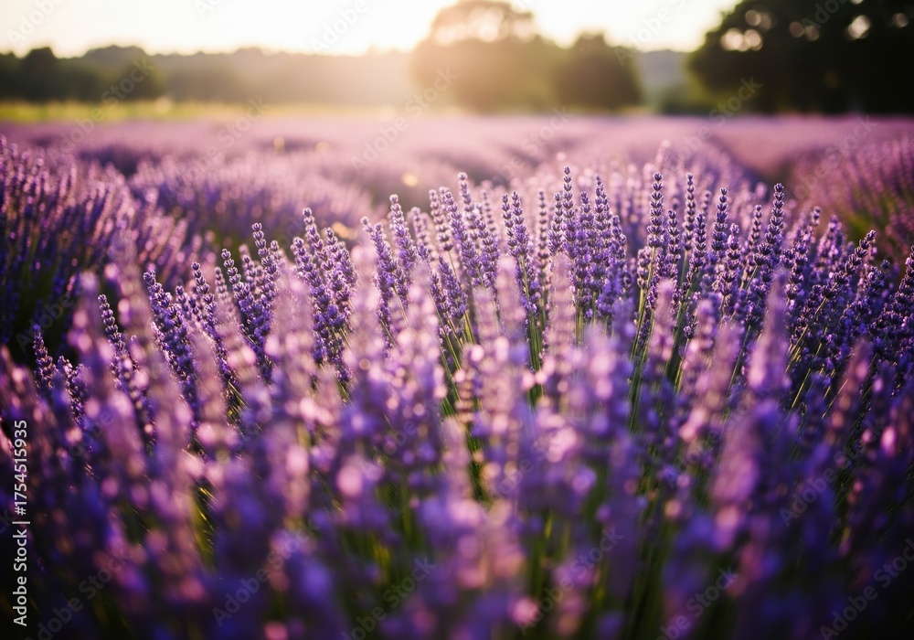 Fototapeta premium Vast purple lavender field bathed in the golden light of a serene sunset, evoking peace and natural beauty