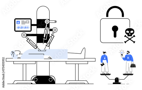 Medical robot operating on patient, digital health monitor, lock with skull icon, and professionals on scales debating innovation vs. ethics. Ideal for healthcare, AI, ethics, cybersecurity