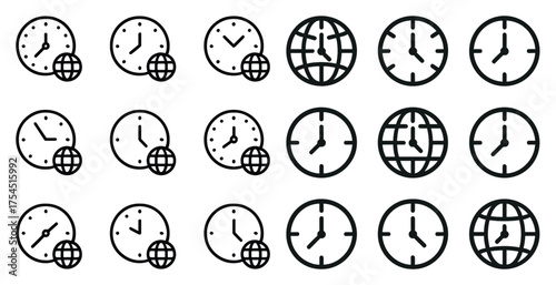 Global time outline icons set – silhouette, clock, timezone and world symbols
