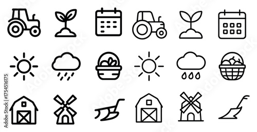 Agriculture line icons set – farming, outline, crops and farm tools symbols